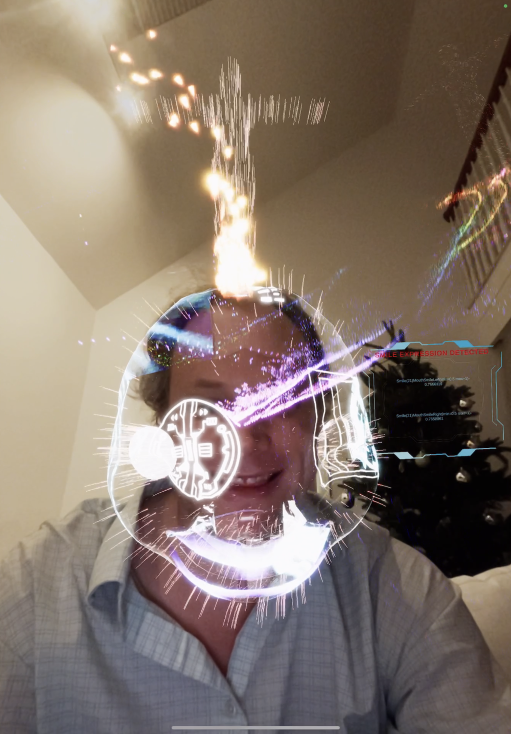 ML facial-expression channel detecting a smile at 0.76 confidence