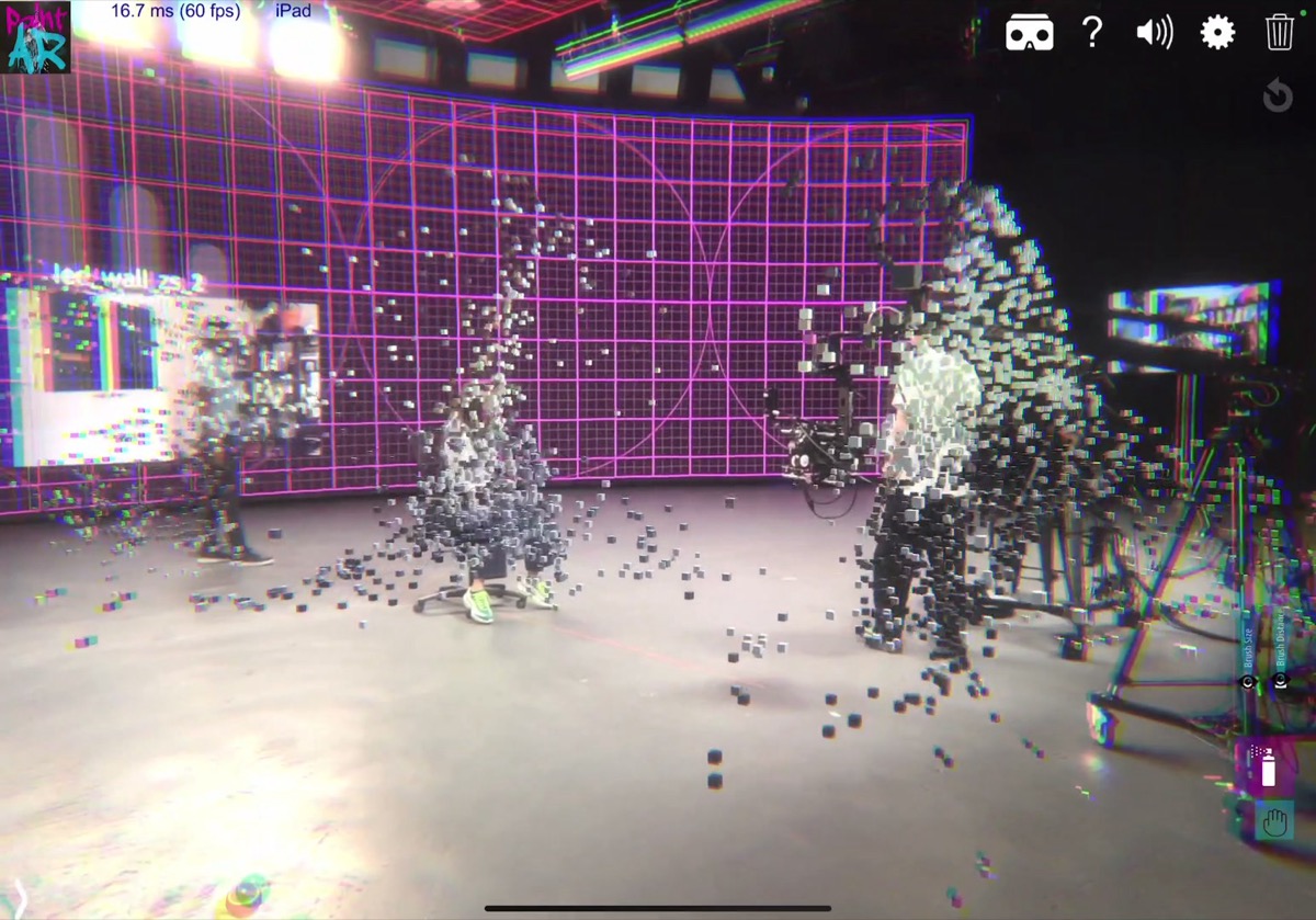 iPad running real-time voxelized body tracking on XR LED stage